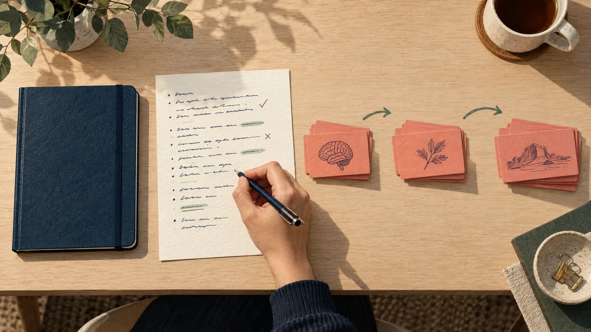 A student recalls ideas onto a blank page beside closed notes and spaced groups of flashcards.