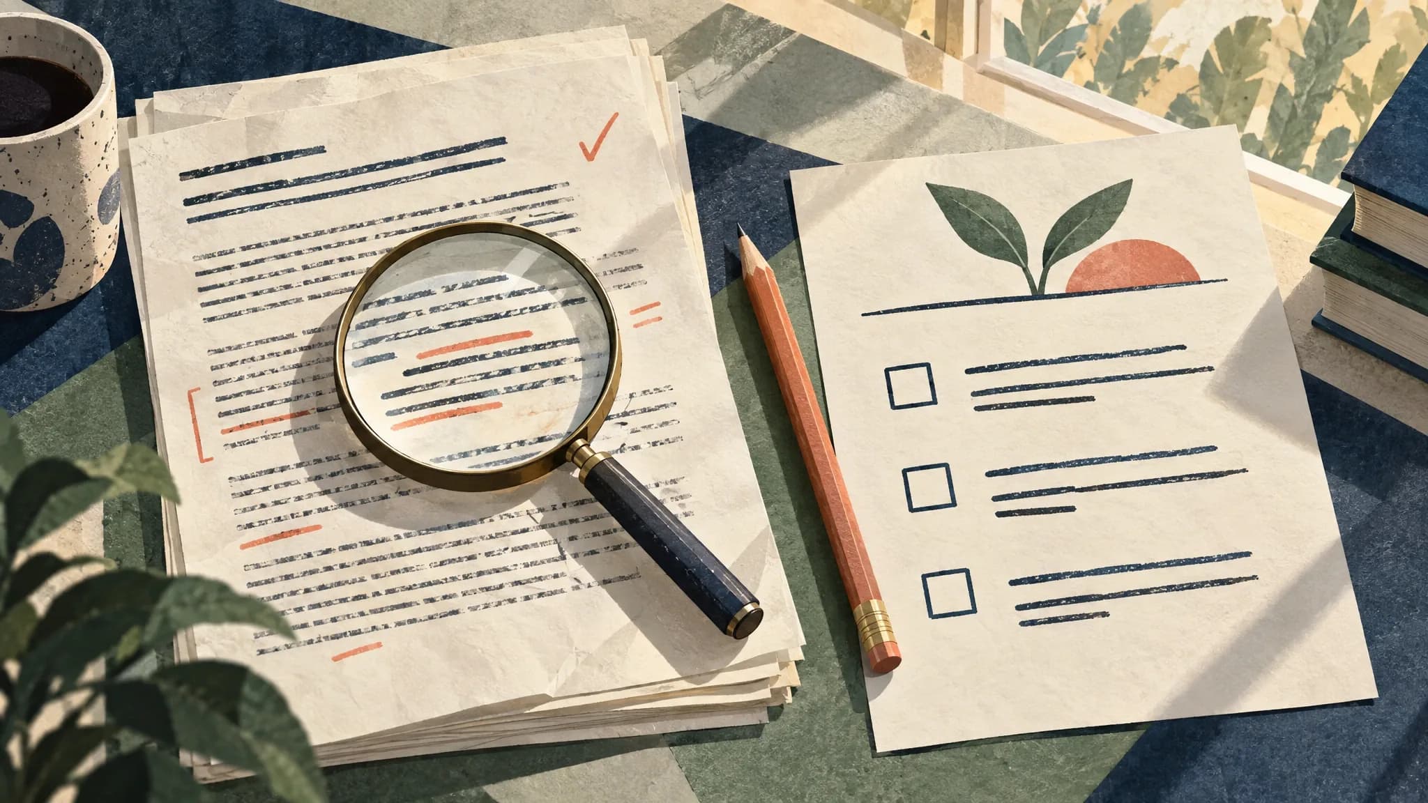 A returned assessment is examined with a magnifying glass beside a fresh action plan.