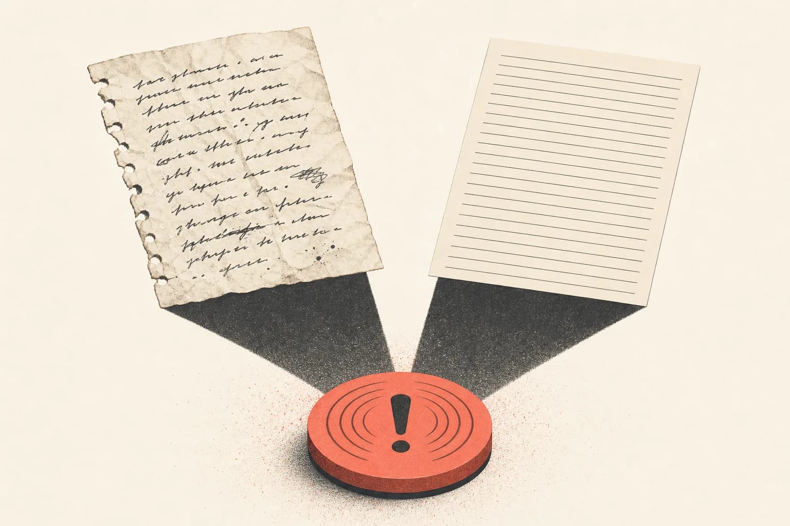 Two different writing pages casting the same shadow onto an AI-detection warning sensor