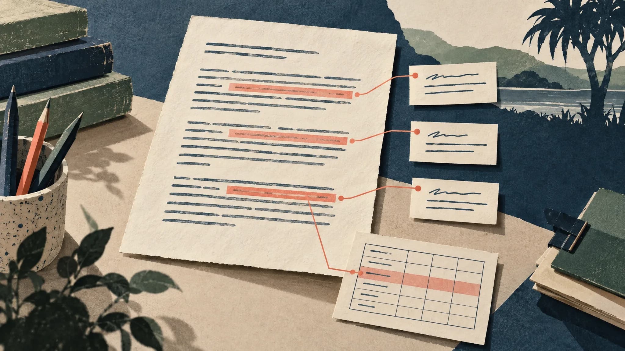Highlighted passages in a draft connect to margin comments and a selected rubric criterion.