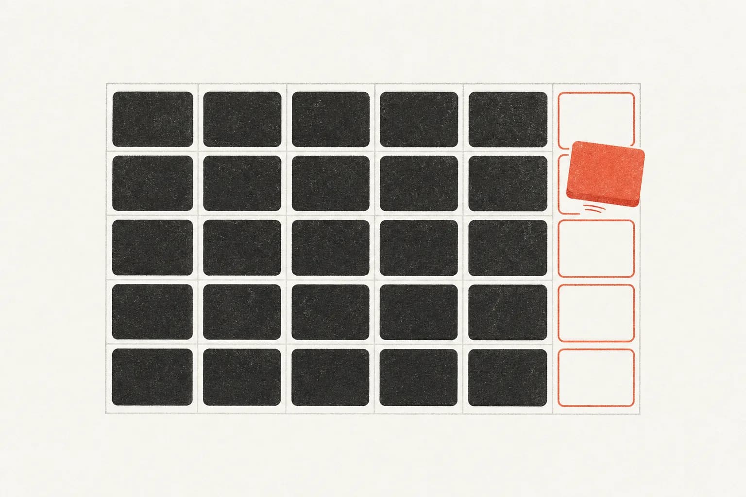 A senior school timetable grid printed in letterpress on warm paper, six columns of stacked subject blocks in warm charcoal with the sixth column outlined in coral and one coral block sliding into its empty top slot