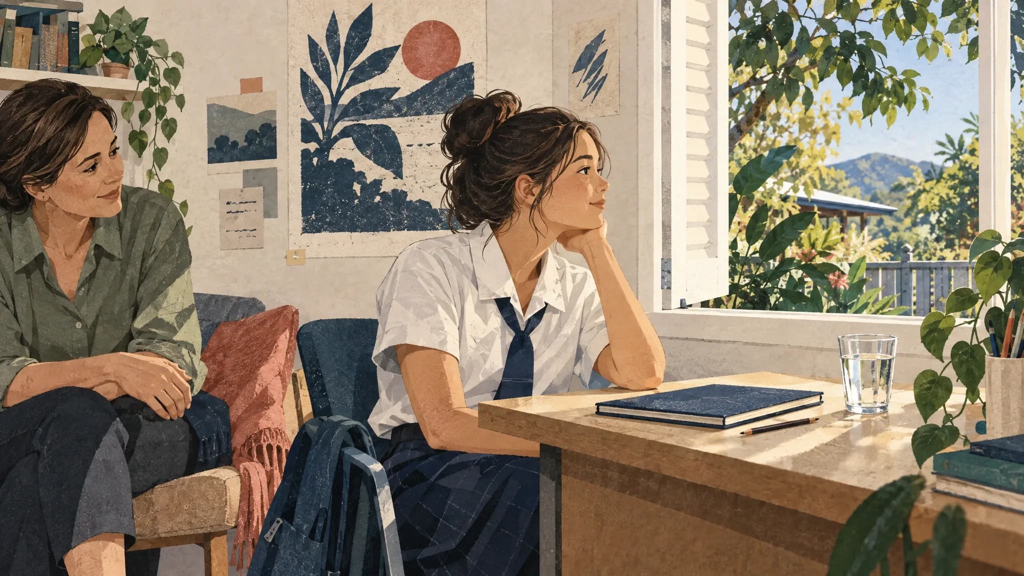 A student pauses beside a study desk while a supportive adult listens near an open window.