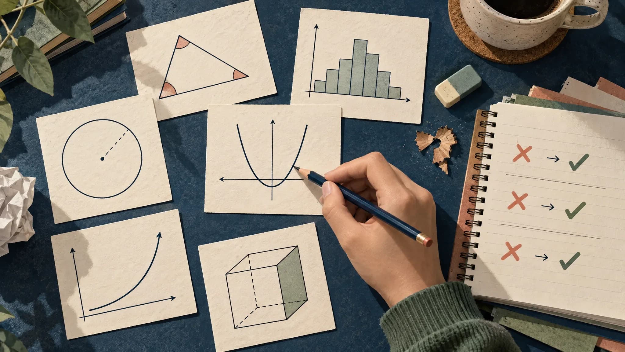 Mixed maths problem cards sit beside a worked response and an error log with correction marks.