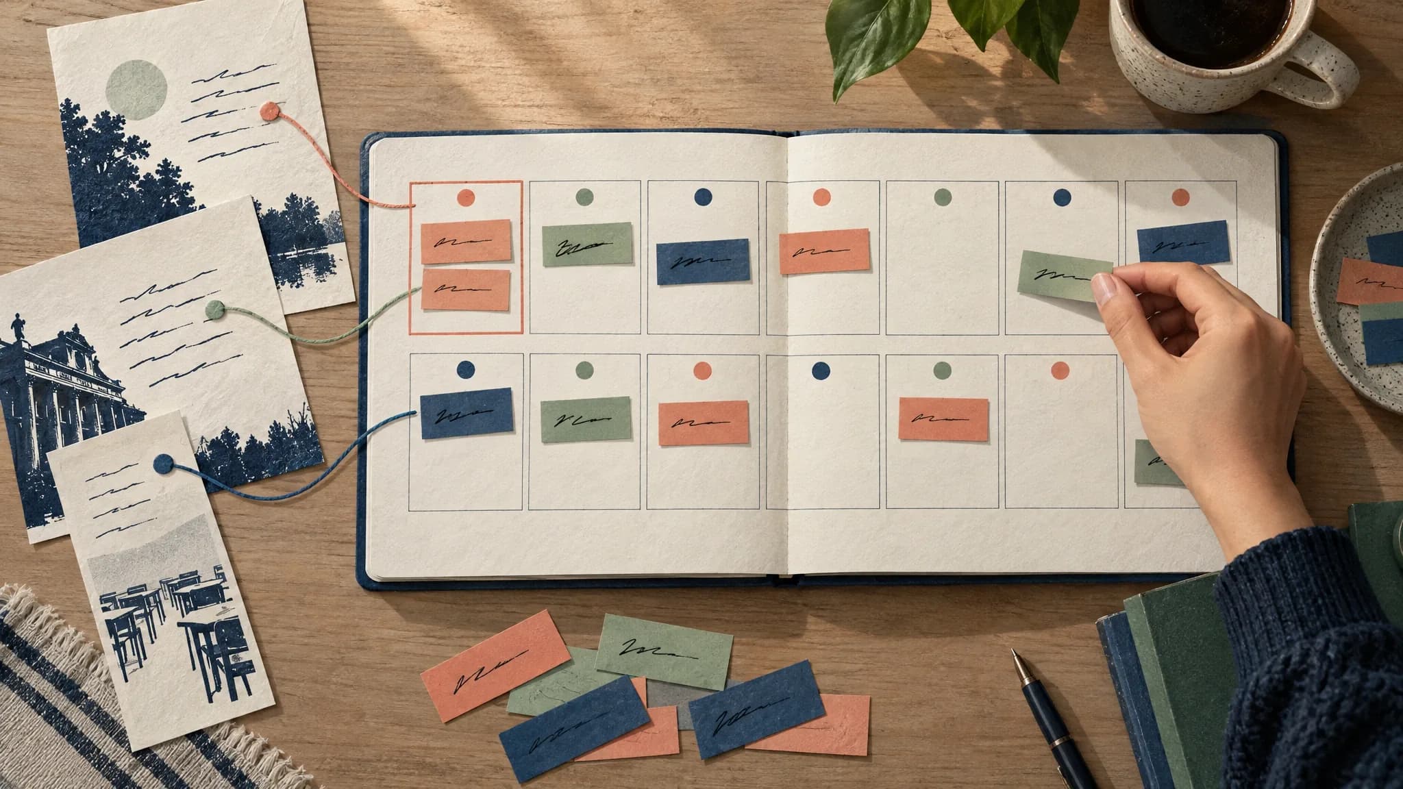 Assessment task slips are arranged across a two-week planner with early milestones and spare blocks.