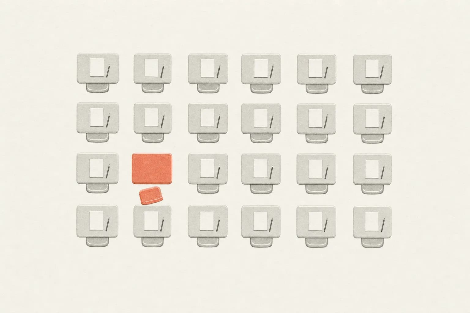 An exam hall from overhead, letterpressed on warm paper: twenty-four identical grey desks in a grid, each with a sheet of paper and a pencil, and one coral desk in the third row that is bare, its chair pushed back and turned askew