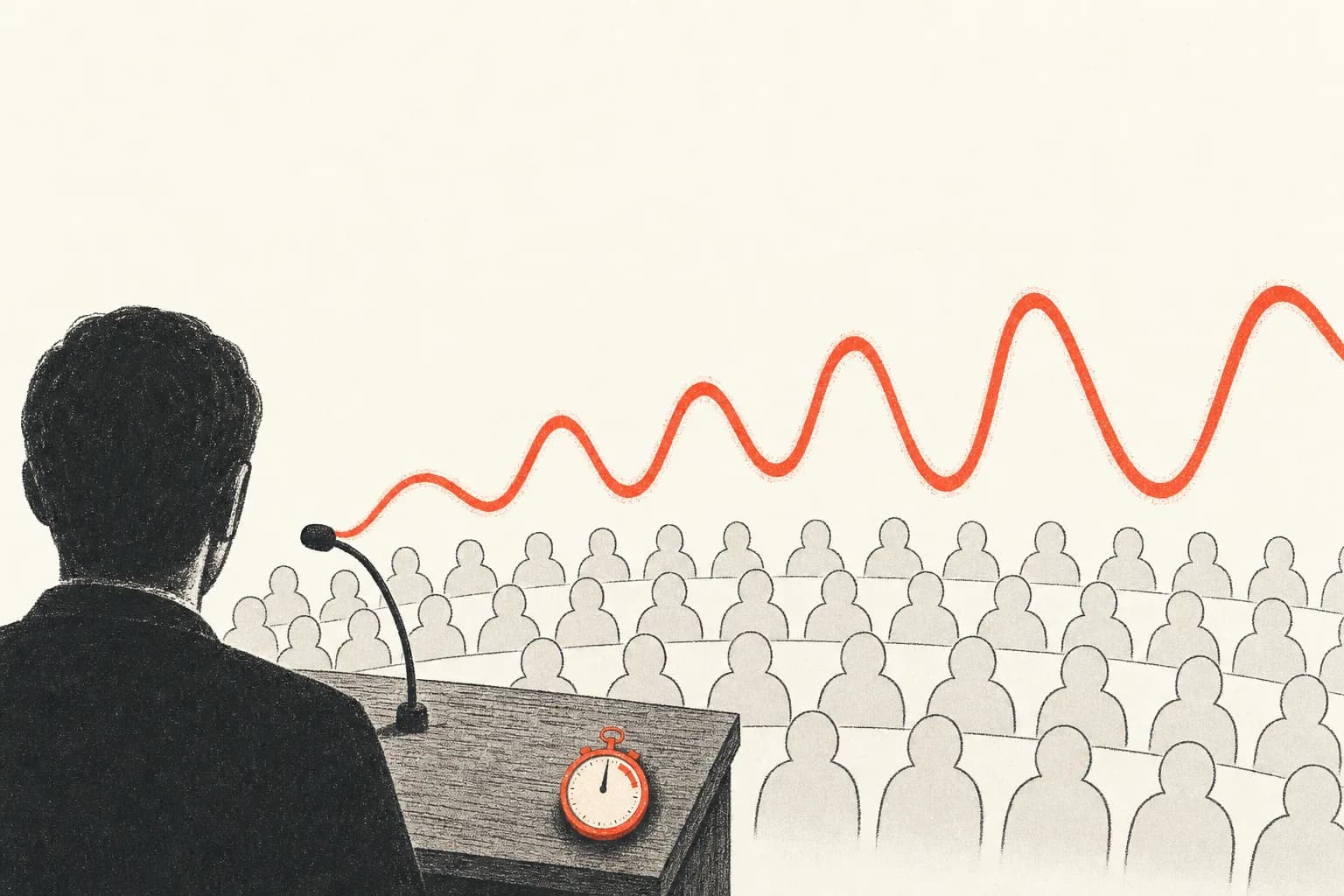 A lectern seen from behind the speaker's shoulder, screen-printed on warm paper: a single coral sound wave leaves the microphone and travels over rows of plain grey seated shapes, and a small stopwatch sits on the lectern's edge with its hand near the top