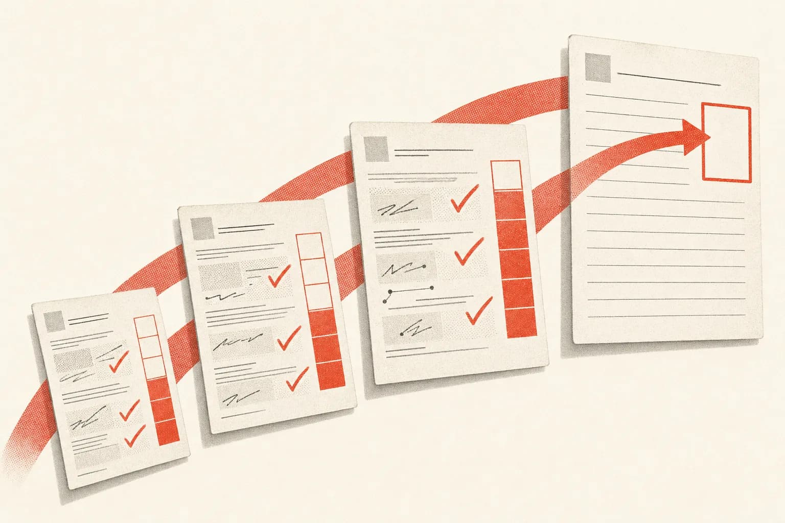 Four exam papers rising left to right in a screen-printed illustration: the three worked papers carry coral tick marks and a margin column of score blocks that fills higher on each one, and a coral band sweeps up to a single empty outlined box on the clean final paper