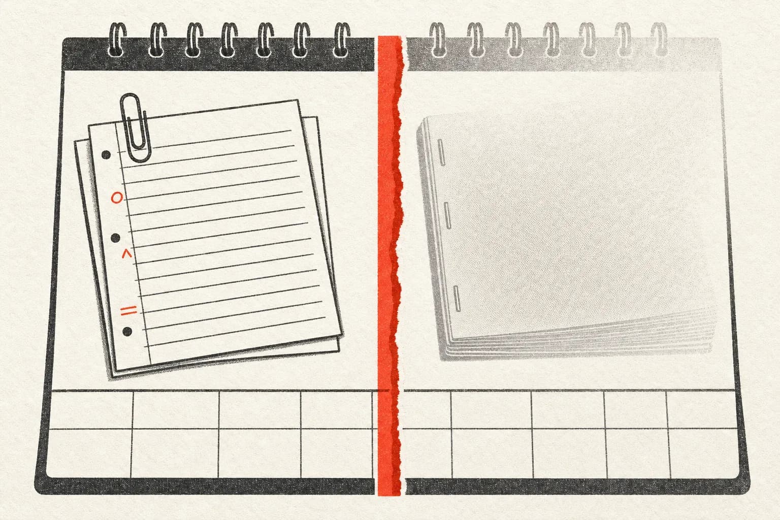 A desk calendar page torn along a heavy coral due-date line, letterpressed on warm paper: to the left of the tear a marked-up draft lies flat and lit; to the right a finished essay is fading to grey and drifting off the page