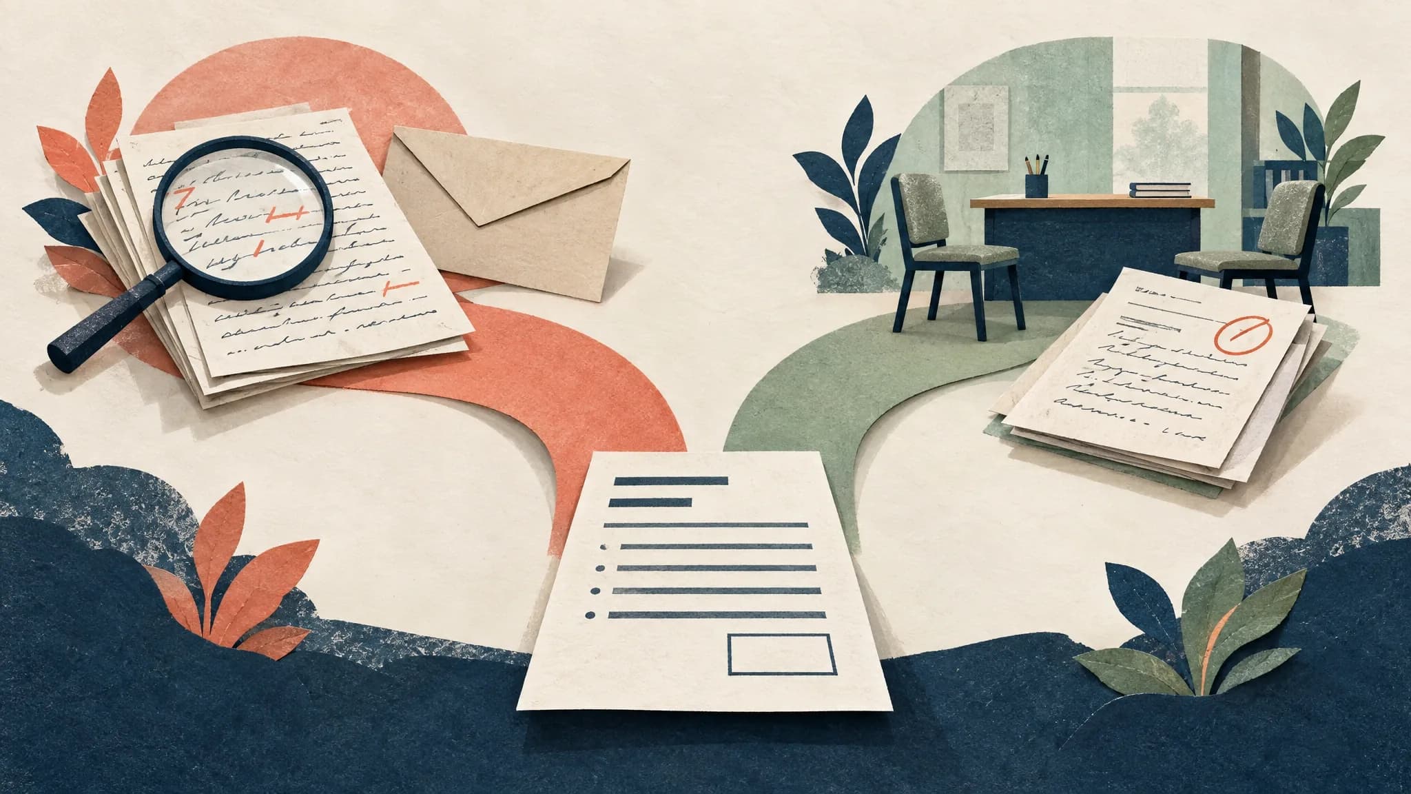 A result sheet branches toward an exam reassessment application and a discussion at a teacher’s desk.