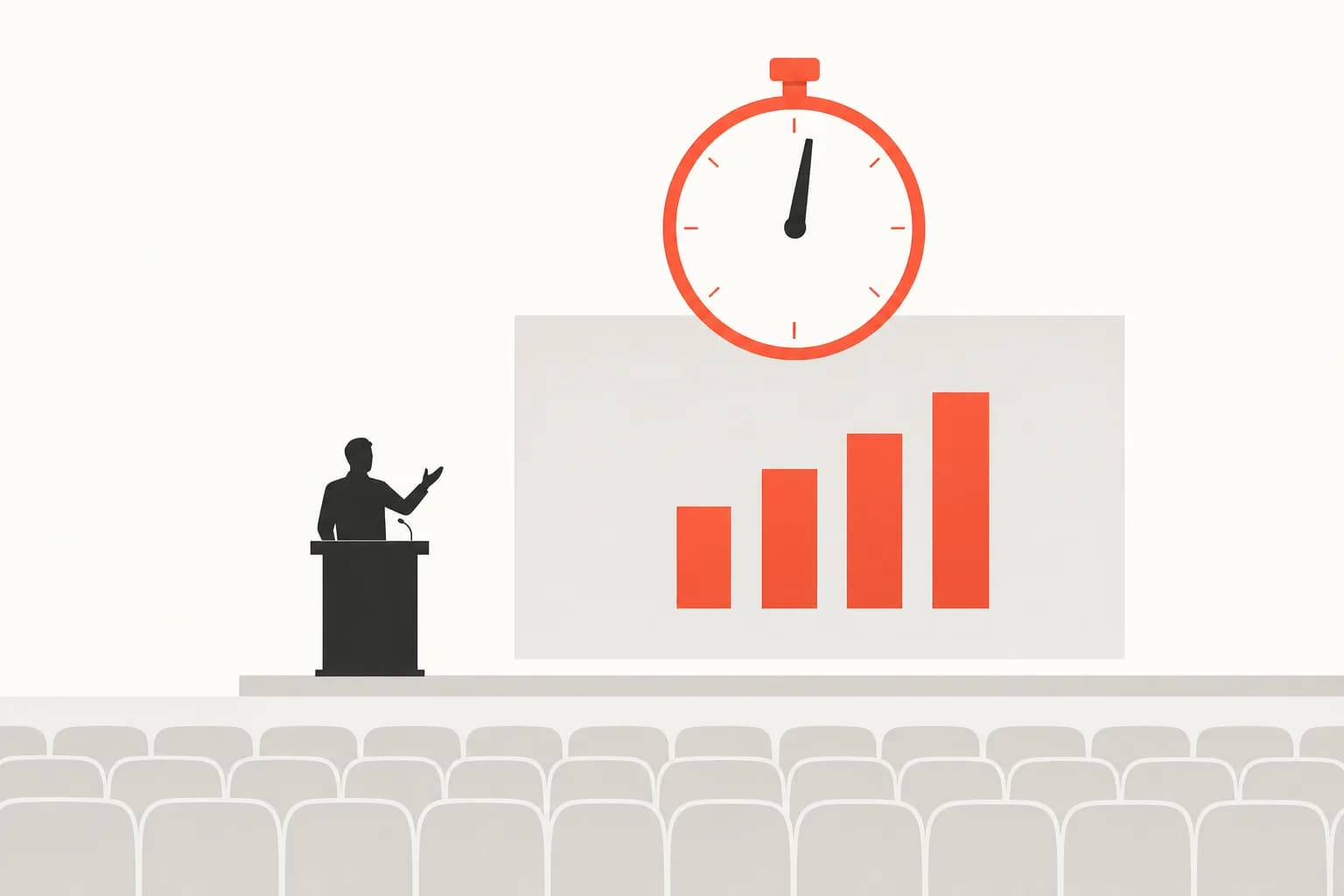A lecture theatre seen from the audience, in flat editorial style on warm off-white: a small charcoal figure at a lectern with one arm raised mid-gesture, a wide grey projection screen beside them showing four ascending coral bars, and a large coral stopwatch above the screen with its hand just past the top of the dial, over rows of empty grey seats