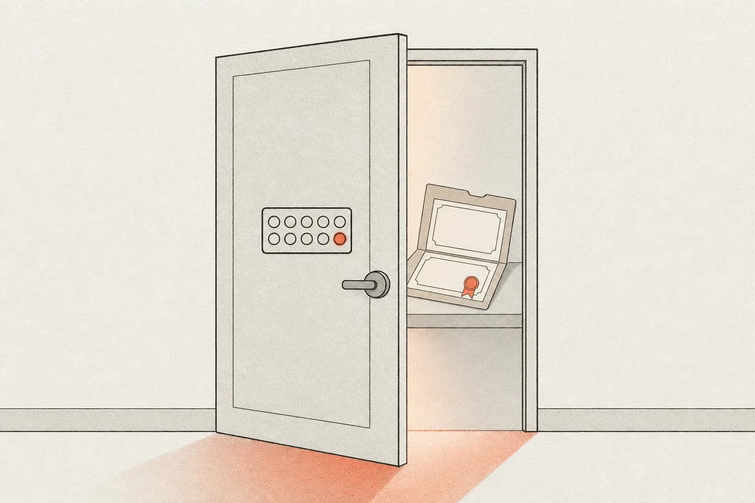A letterpress illustration of a door with a ten-digit keypad, one key pressed in coral, opening onto a folder of certificates