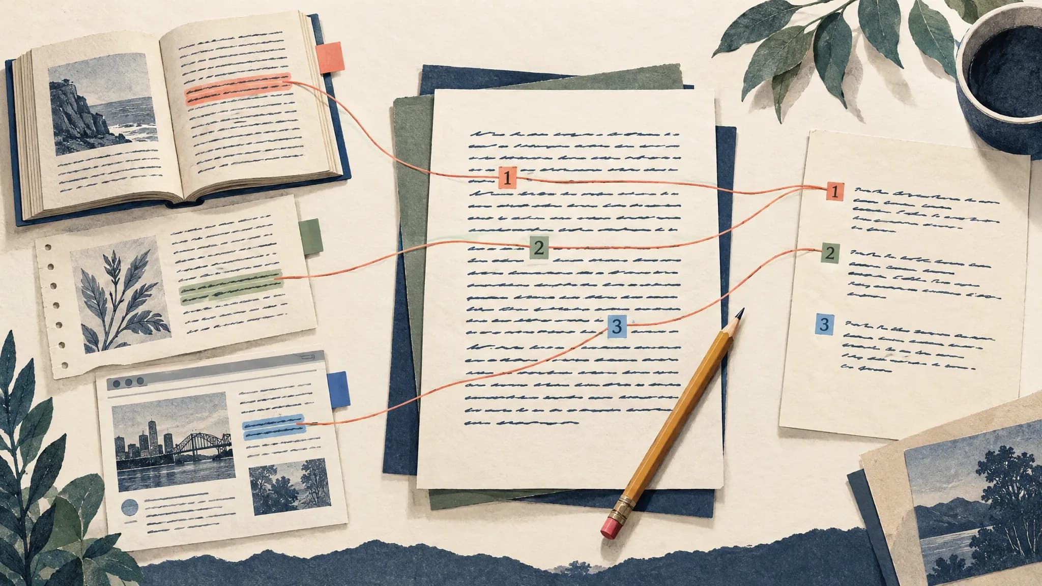 Source passages connect to citations in an essay and matching entries in a reference list.