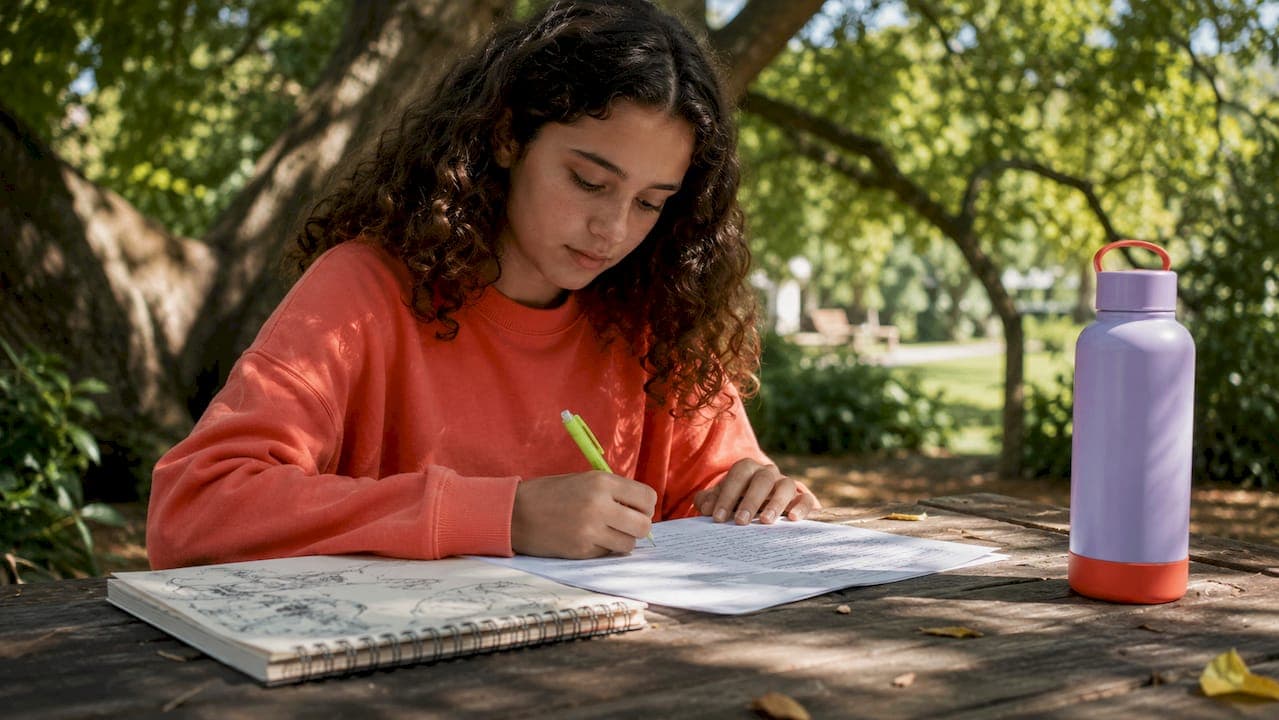 Student reviewing handwritten draft papers