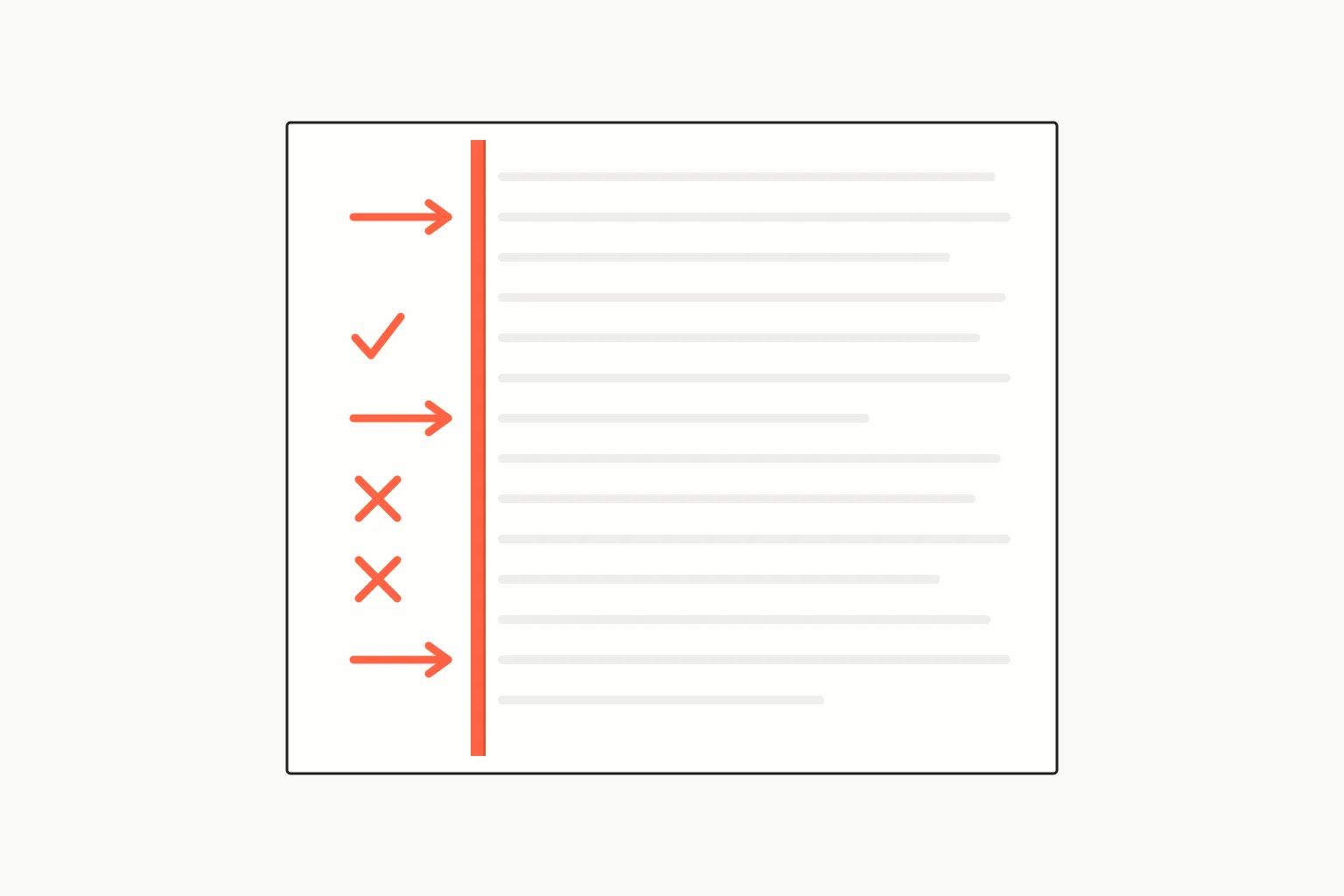 A single draft page with a heavy coral vertical rule down it. Every one of the teacher's marks — three arrows, a tick and two crosses — sits in the margin to the left of that rule, while the student's own lines of text on the right of it are completely unmarked.