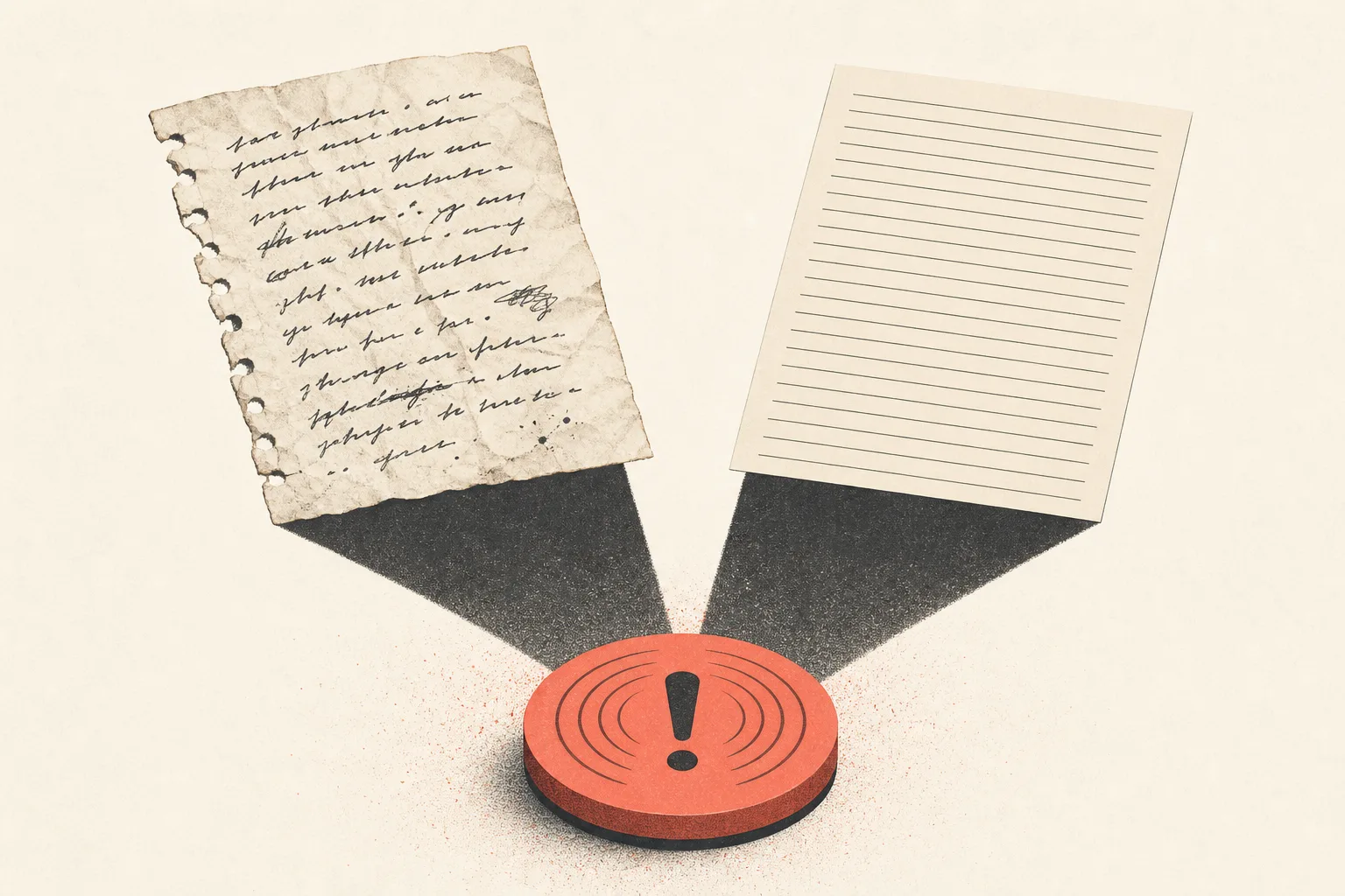 Two different writing pages casting the same shadow onto an AI-detection warning sensor