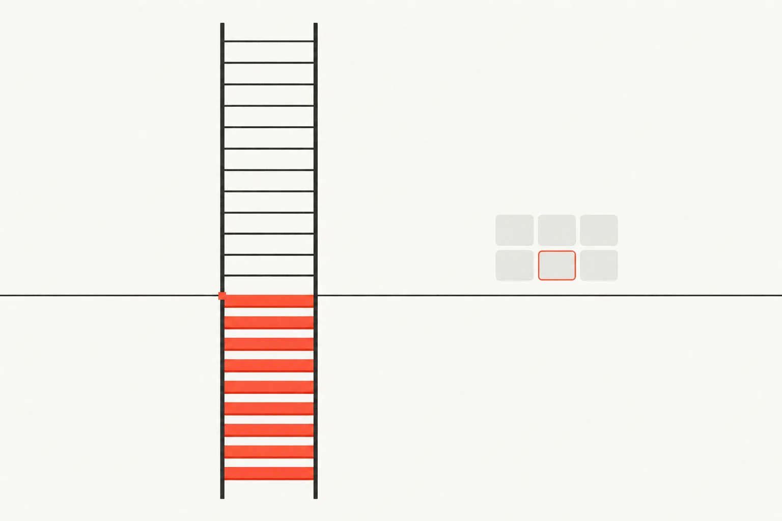 A ladder of twenty short rungs drawn in warm charcoal on off-white paper, the bottom twelve rungs filled solid coral and a thin horizontal rule crossing the ladder at the twelfth rung, flat editorial vector style