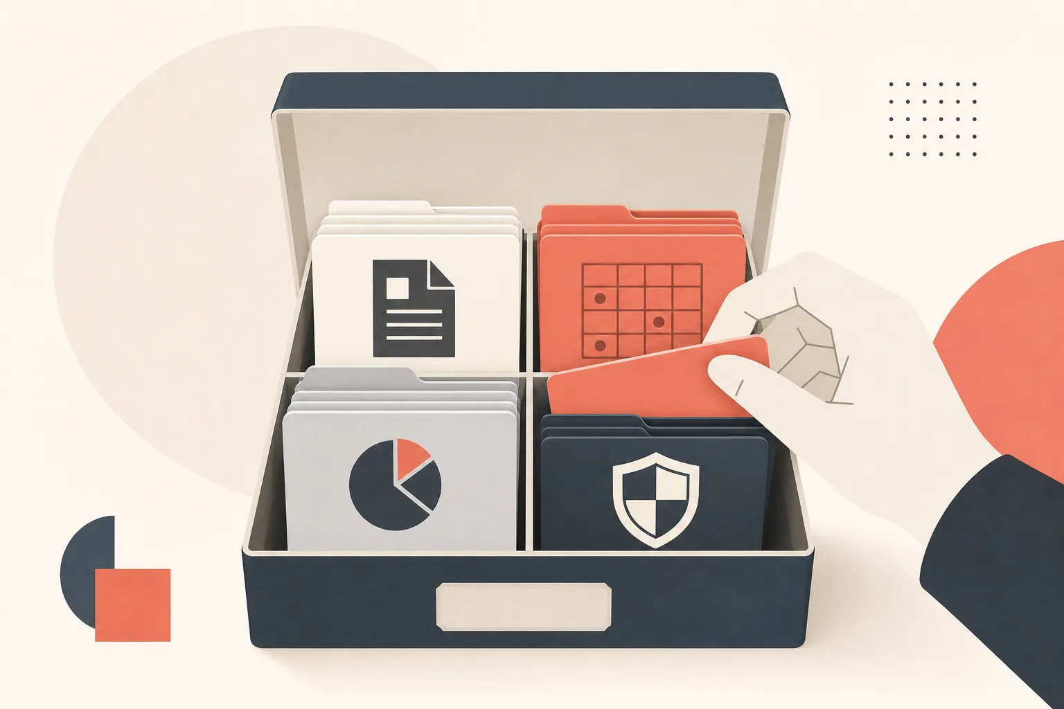 An organised index box containing four visual families of assessment terms