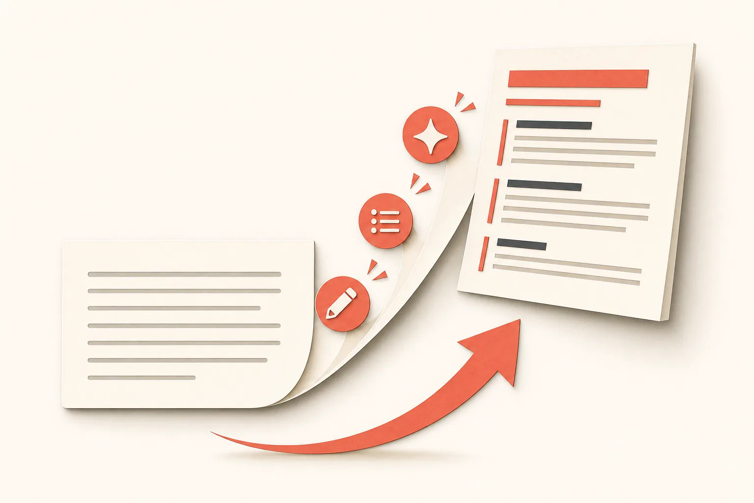A plain draft card transforming upward into a more structured version through three focused edits