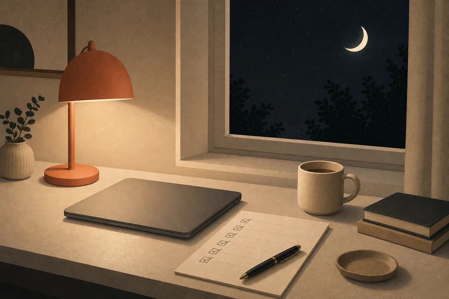 A calm finished desk at night with a closed laptop, checked paper, lamp, mug, and moonlit window