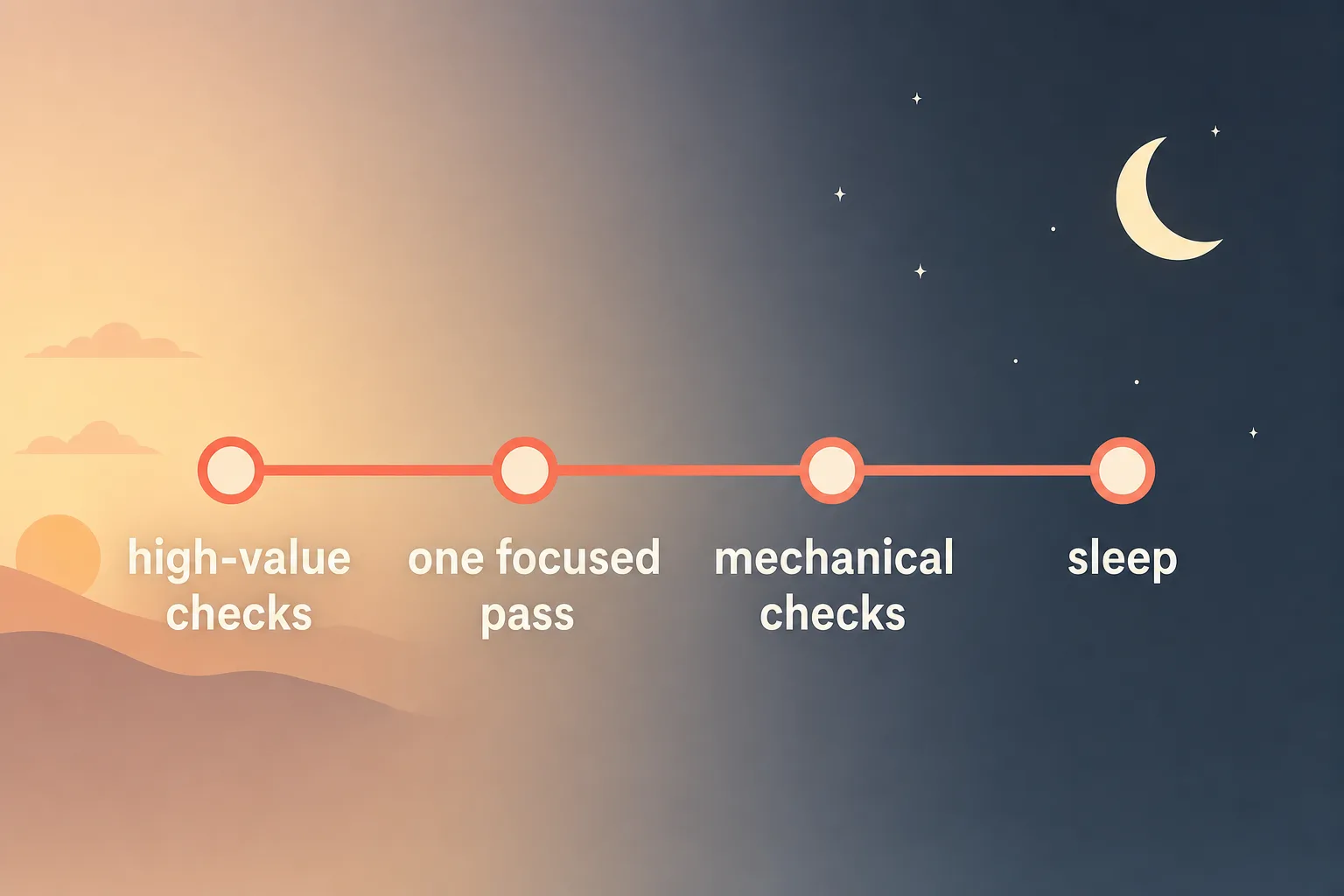 A calm evening timeline moving from high-value checks, to one focused pass, to mechanical checks, to sleep