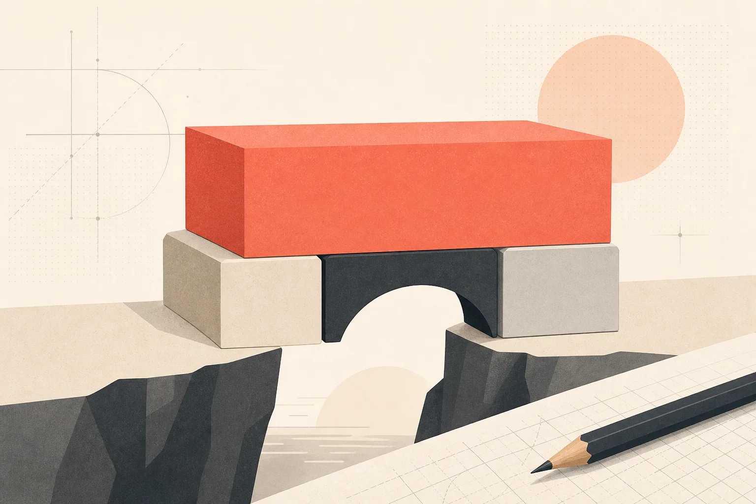 Four unequal modelling-report blocks assembled into a stable bridge, with the largest coral block carrying the main load