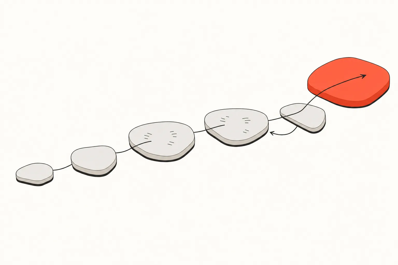 A persuasive speech drawn as five stepping stones rising left to right across warm paper: a small hook stone, a contention stone, two larger argument stones, a stone turned to face backwards for the rebuttal, and a coral final stone for the call to action