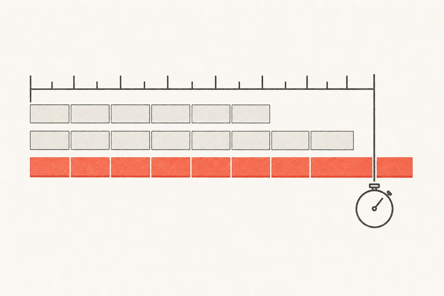 A horizontal ruler across warm paper marked in eight equal segments, with three rows of small word blocks laid along it: a short row that stops well before the end, a middle row ending just inside the eighth segment, and a long coral row that runs past the ruler's end