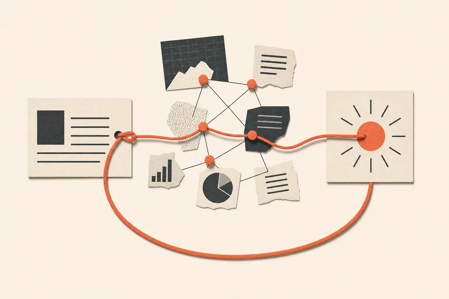 A coral thread travelling from a claim through sources and evidence to a conclusion, then looping back to test the claim