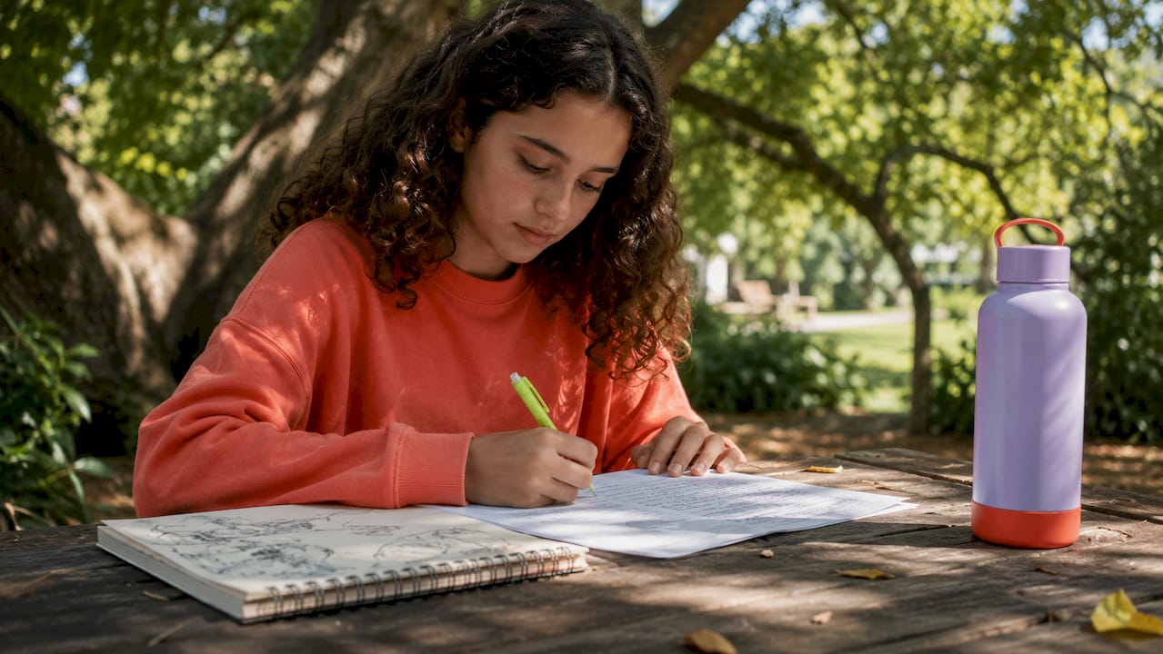 Student reviewing handwritten draft papers